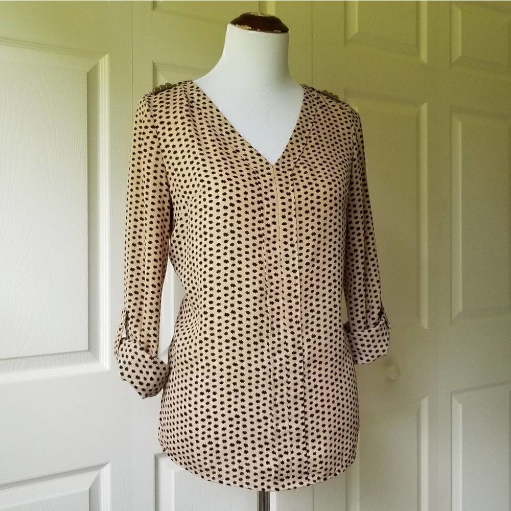 Dressbarn Stud Roll Sleeve Blouse Tan Black